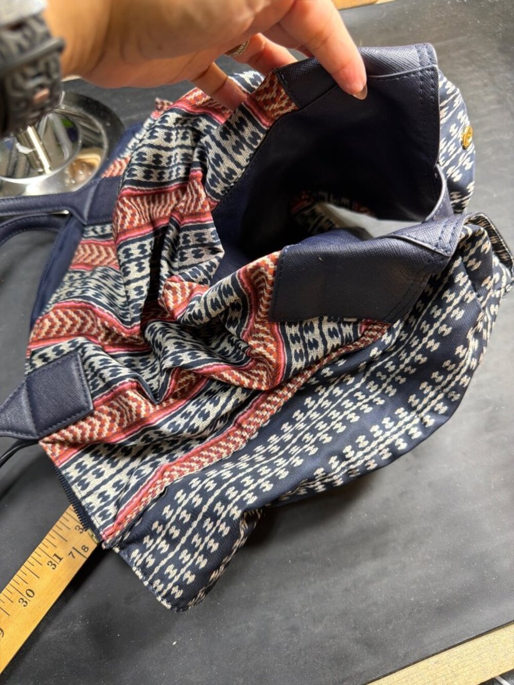 Tory Burch Navy Ikat Printed Packable Nylon Tote Shoulder Bag Women's Travel - Picture 11 of 12